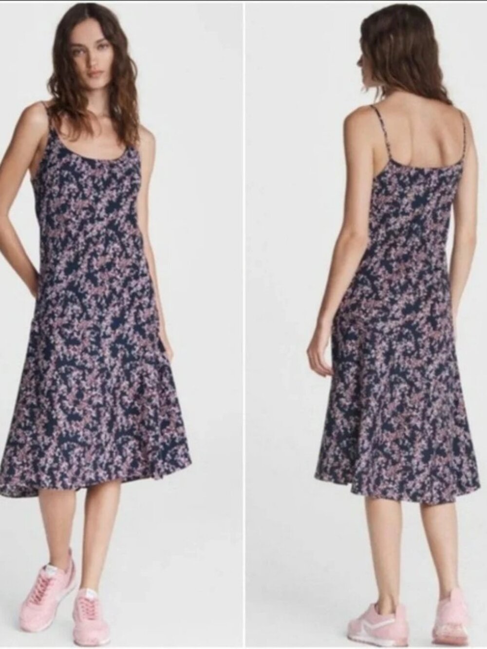 rag & bone Navy Purple Floral Silk Slip Midi Dress Size 4 Girly Flirty Boho Luxe